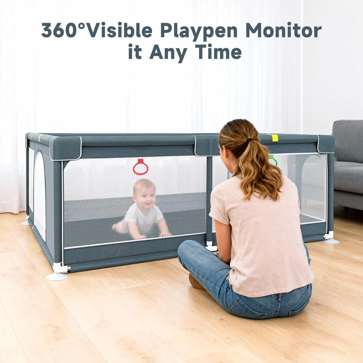 Baby Playpen with Mat 120*120cm, Baby Play Pen with 50 Balls Pit, 4X Handlers and Mat-Grey