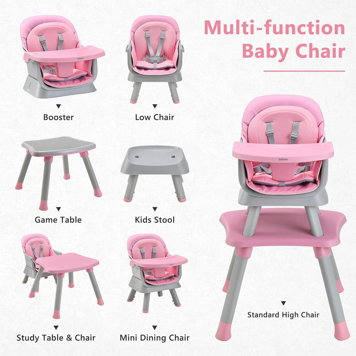 INFANS 8 in 1 Baby High Chair, Convertible Highchair for Babies and Toddlers (Pink)