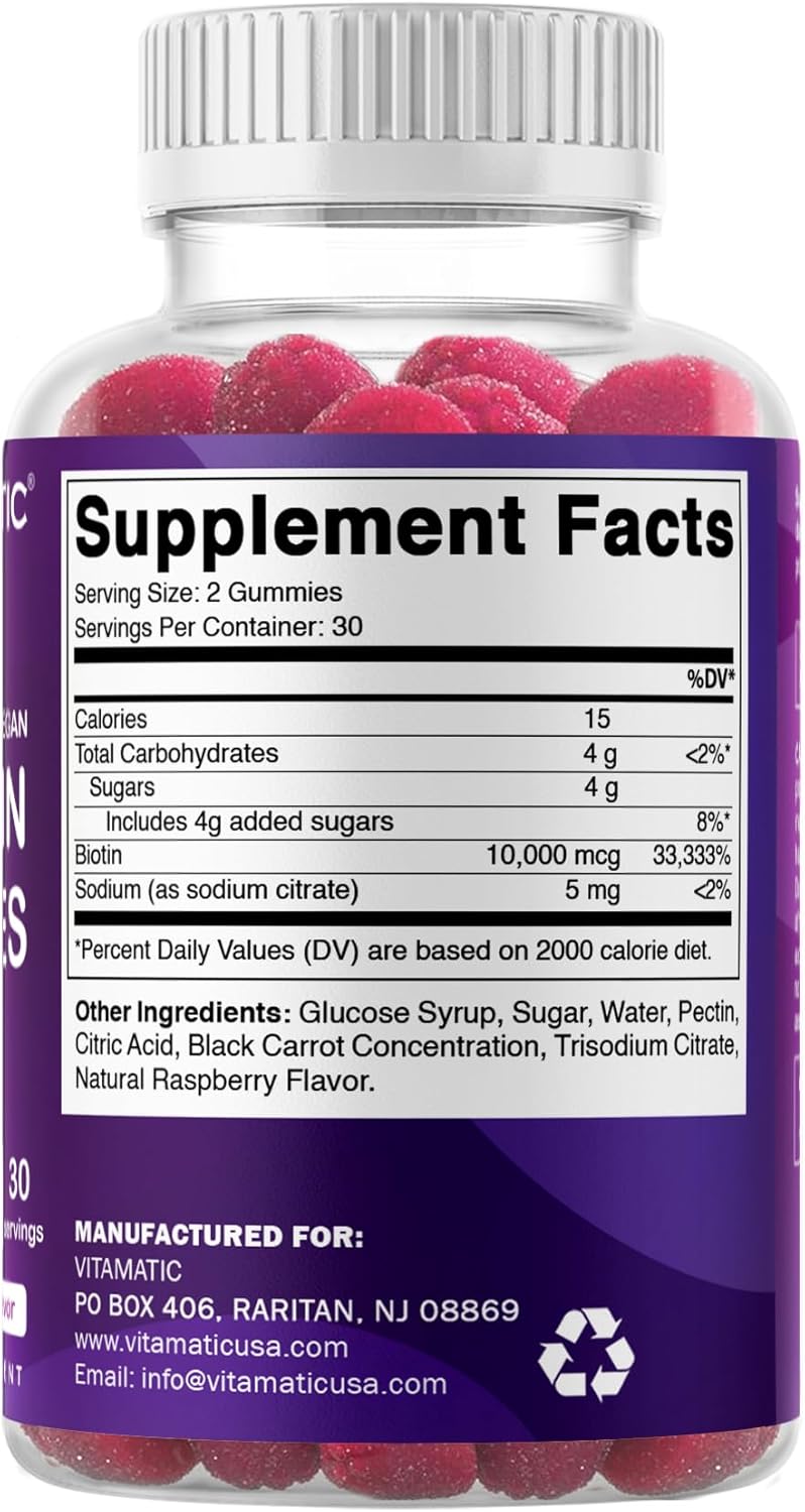 Vitamatic Biotin Gummies 10,000 mcg for Stronger Hair, Skin & Nails - 60 Vegan Gummies - Also Called Vitamin B7 (6 Bottles)