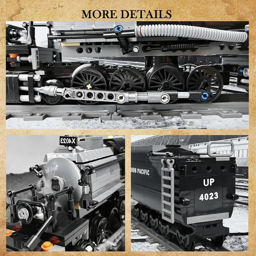 Ruikytech Big Boy Steam Train Building Block Toy, Articulated Train Display Model Set with Tracks, 1608 Pieces, Black, Classic Style, Adult