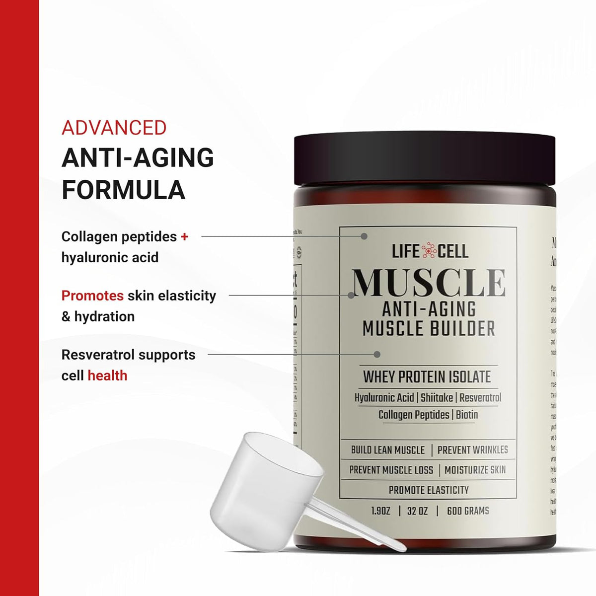 LifeCell Whey Protein – Anti-Aging Muscle Builder with Shiitake Mushroom, Collagen & Hyaluronic Acid – Chocolate, No Sugar Added, Soy-Free, Gluten-Free, 600g (18 Servings)