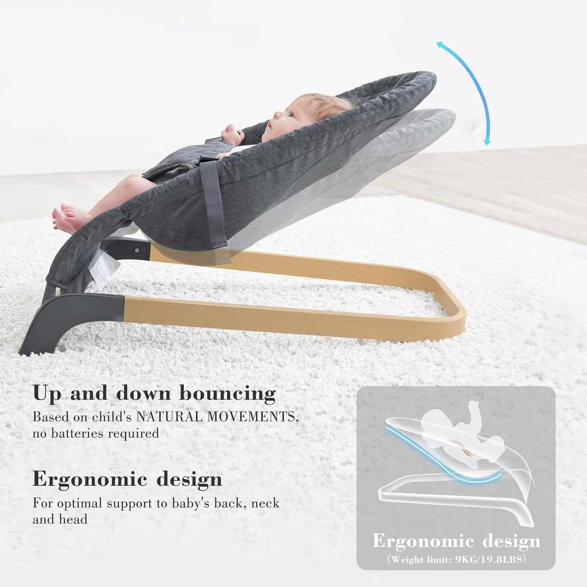 Baby Bouncer, Portable Bouncer Seat for Babies, Infants Bouncy Seat with Wood Grain Base, Natural Vibrations (Grey)