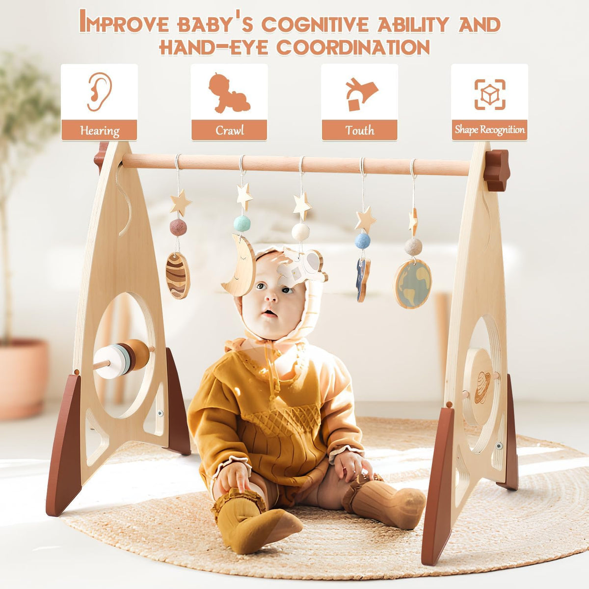 Promise Babe Wooden Rocket Baby Gym Infant Activity Gym with 5 Detachable Toys, (Rocket)