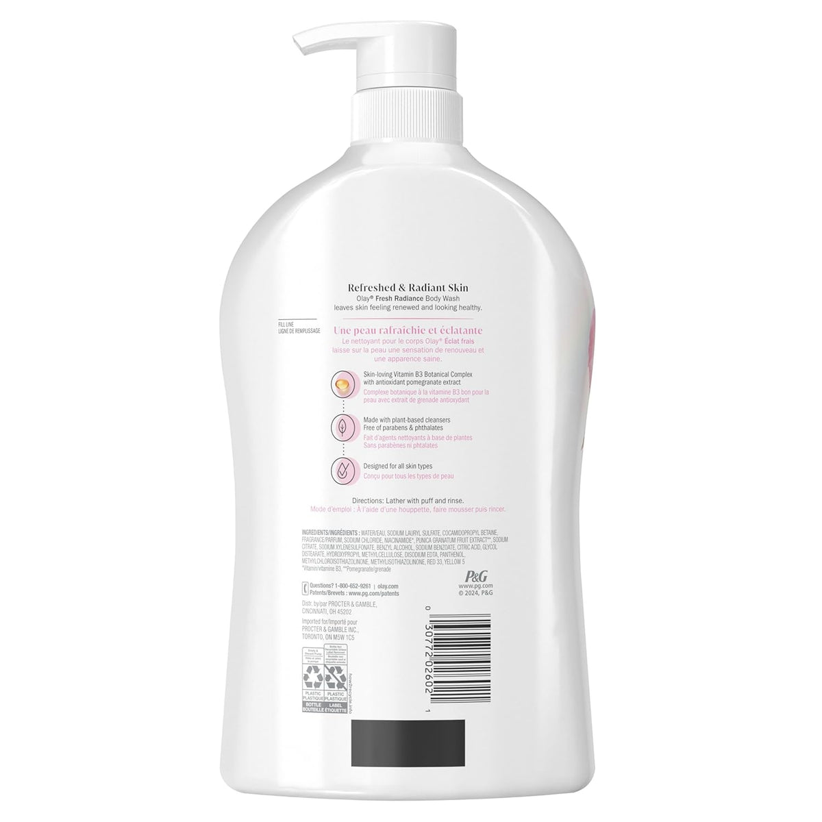 Olay Body Wash for Women, Fresh Radiance, Refreshing & Renewing, Made with Plant Based Cleansers, B3 Botanical Complex, For All Skin Types, Rose Water & Sweet Nectar Scent, 33 fl oz (Pack of 4)