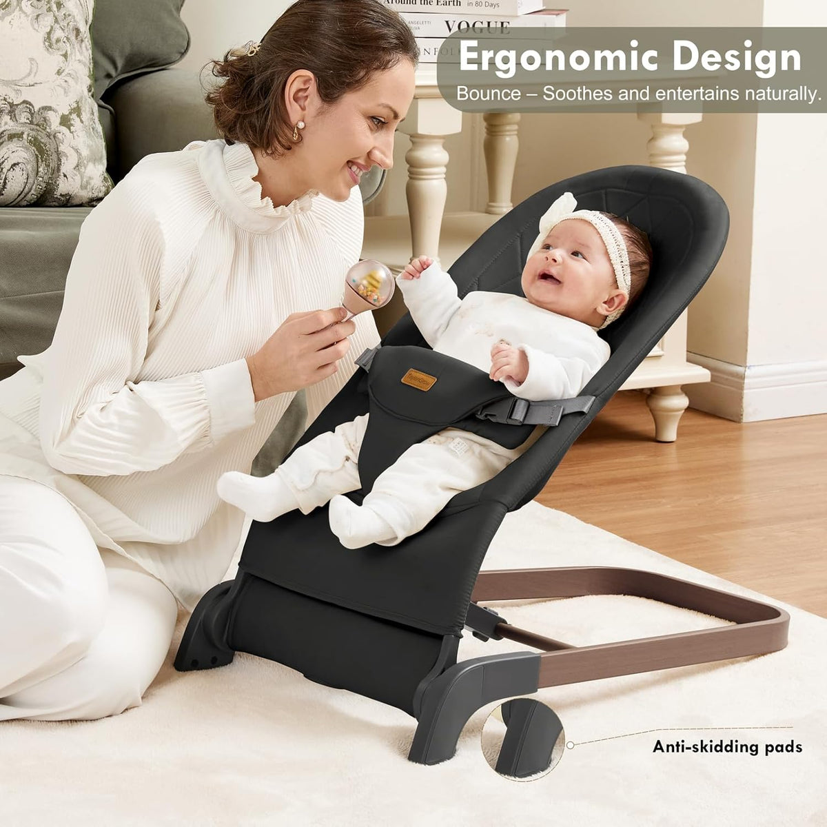 Foldable Baby Bouncer, Baby Seat with 3 Adjustable Heights, Portable Newborn Rocker, Ergonomic Bouncy Seat for Natural Bounce, Bouncer for Babies 0-6 Months,Black