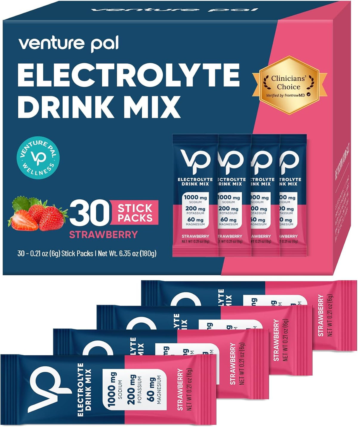 Venture Pal High Sodium Sugar Free Electrolytes Powder Packet,Strawberry Flavour,30 Pack
