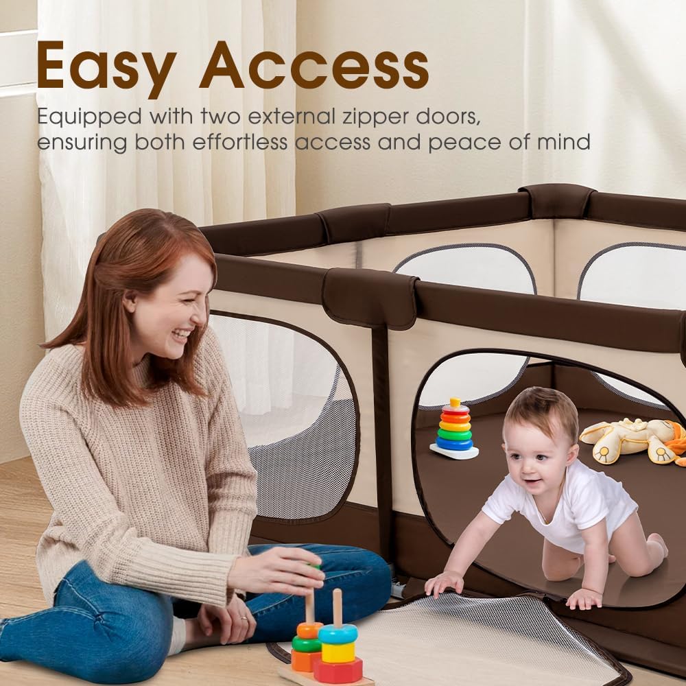 Baby Playpen, 150x180CM Play Pen for Babies & Toddlers, Brown