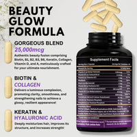Biotin with Hyaluronic Acid, Collagen and Keratin – 25000 mcg Hair Growth Vitamins for Men and Women – Nails and Skin, USA Made - Third Party Tested, B1, B2, B3, B6, B7 Complex - 120 Capsules