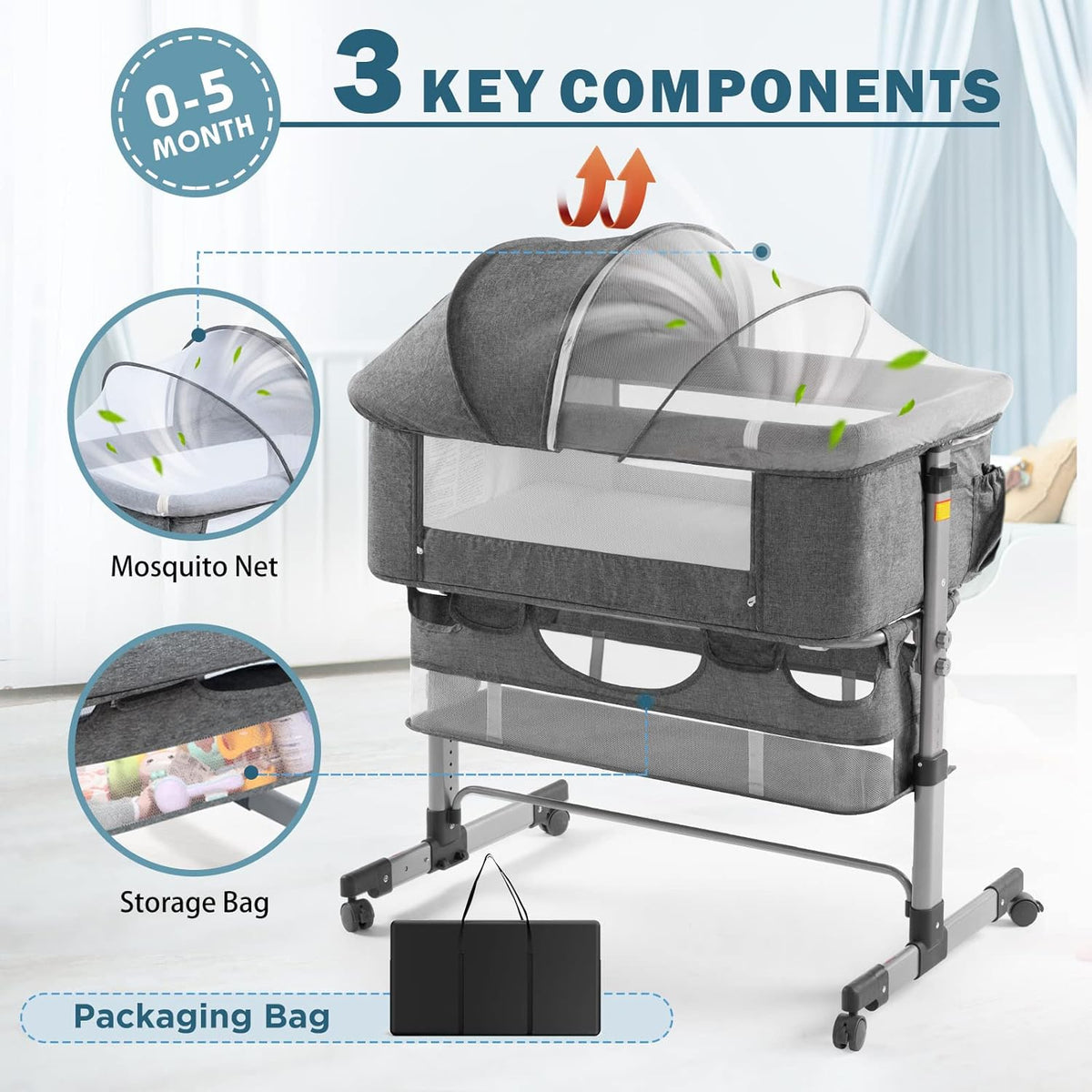 Bedside Baby Bassinet with Mosquito Net, Storage Basket & Travel Bag – 6 Adjustable Heights, Lightweight Aluminum Portable Sleeper for Newborns 0-5 Months