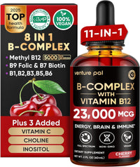 Venture Pal 11-in-1 Vitamin B Complex Liquid Drops, B12 Methylcobalamin | B9 Folic | B1,B2,B3,B5,B6,B7 - Vitamin C, Choline, Inositol, Immune & Energy Metabolism, Brain & Heart Support