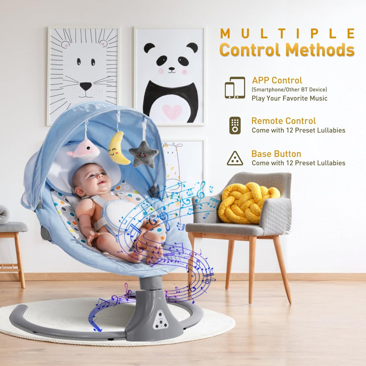 Baby Swing with Bluetooth Remote Control | Baby Swing Chair 5 Levels Electric Baby Swing Cordless | Baby Rocking Chair 12 Lullaby & 3 Timer | 3 Angle Portable Baby Bouncer Swing for Newborn (Blue)