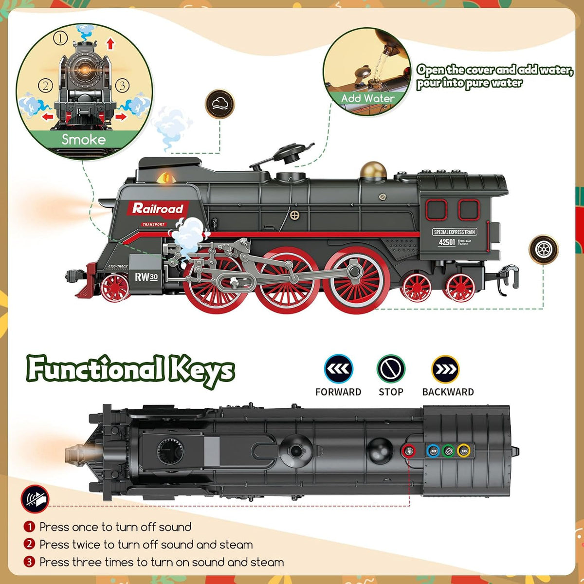 Remote Control Train Set for Kids 3+, Electric Train with Smoke & Lights