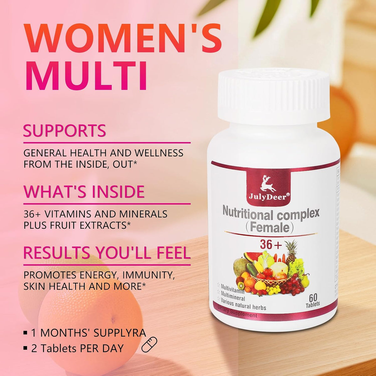 JulyDeer Multivitamin for Women 60 Tablets Complete Multimineral & Vitamin | A, C, D, E and B-Complex, Zinc & More for Lady Immunity, Hair, Skin & Nails, Digestion + Vegetarian ( 60 Count Pack of 1)