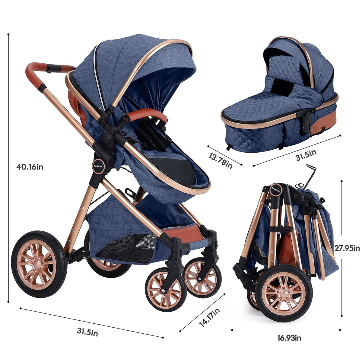 Luxury 2-in-1 Baby Stroller, Foldable Travel Stroller for Newborn to Toddler, Convertible Stroller with All-Terrain Wheels and UPF 50+ Canopy, Baby Glide Blue Stroller