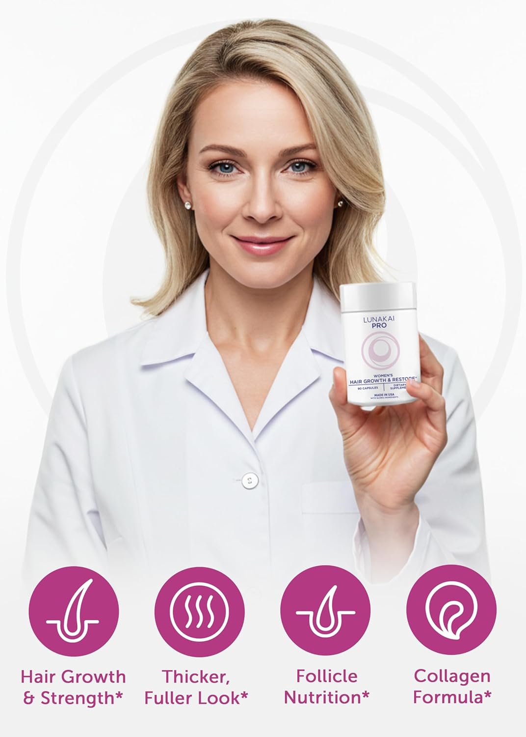 Lunakai PRO USA Made Women’s Hair Growth & Restore Vitamins – Advanced 15+ Nutrient Complex for Visible Results