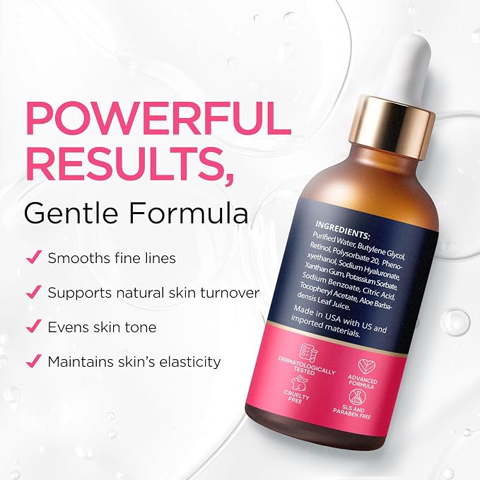 Retinol Serum for Face with Hyaluronic Acid, Vitamin E & Aloe Vera Anti-Aging Serum Supports Even Tone and Hydration Paraben&Fragrance-Free Cruelty Free All Skin Types Made in USA (1 Oz)