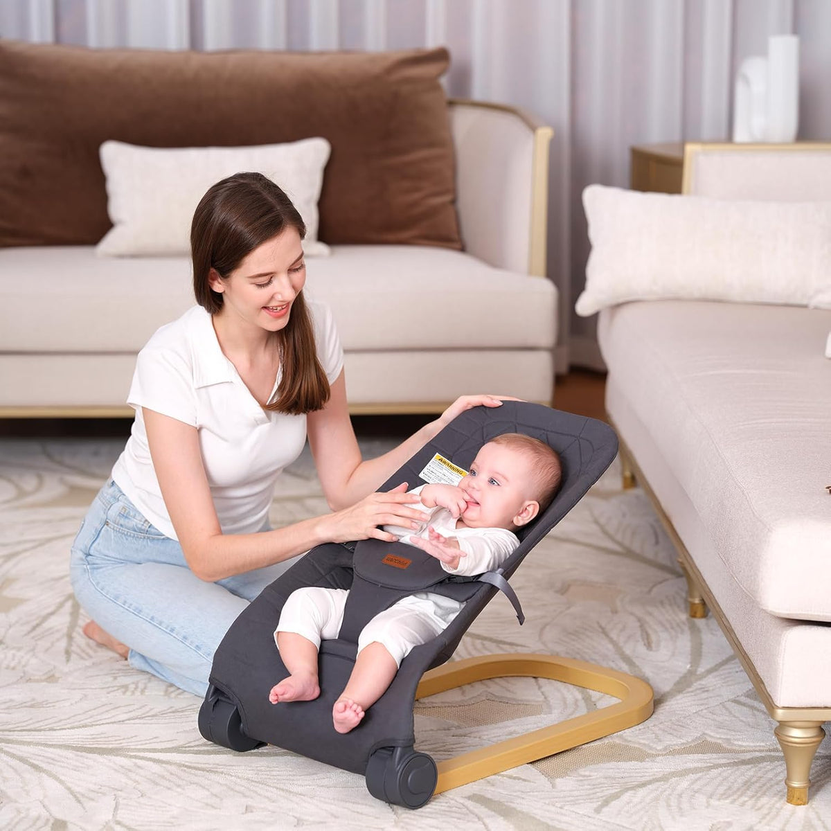 Portable Baby Rocker with Adjustable Backrest & One-Touch Folding Design,Grey