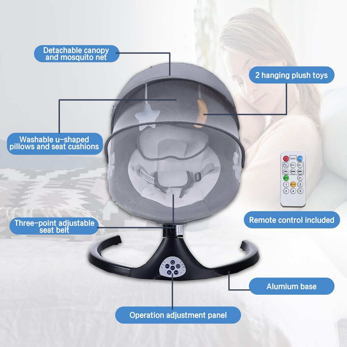 Baby Swing for Infants, Portable Baby Rocker with Tray and Remote Control 5 Speed