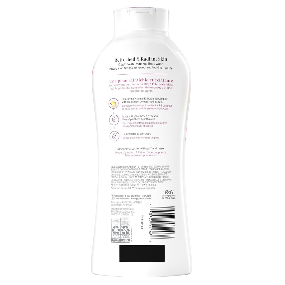 Olay Body Wash for Women, Fresh Radiance, Refreshing & Renewing, Made with Plant Based Cleansers, B3 Botanical Complex, For All Skin Types, Peach & Cherry Blossom Scent, 22 fl oz (Pack of 4)