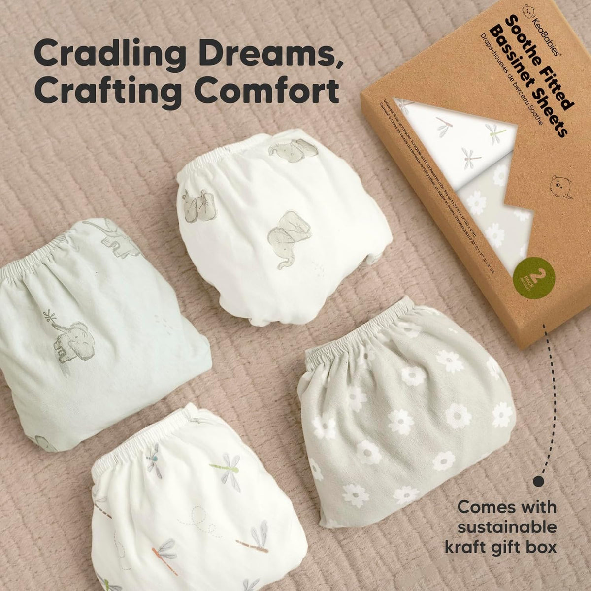 2-Pack Organic Bassinet Sheets for Girls, Boys - 100% Cotton Bassinet Mattress Sheets(Meadow)