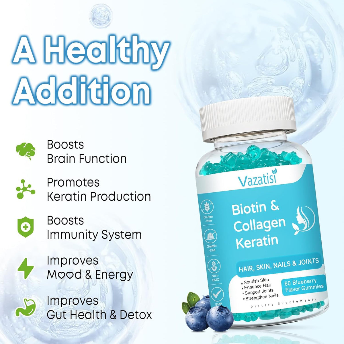 Biotin Gummies with Collagen & Keratin for Hair Skin Nails- Supports Hair Growth and Stronger Nails, Women Men, Kids - 60 tabs