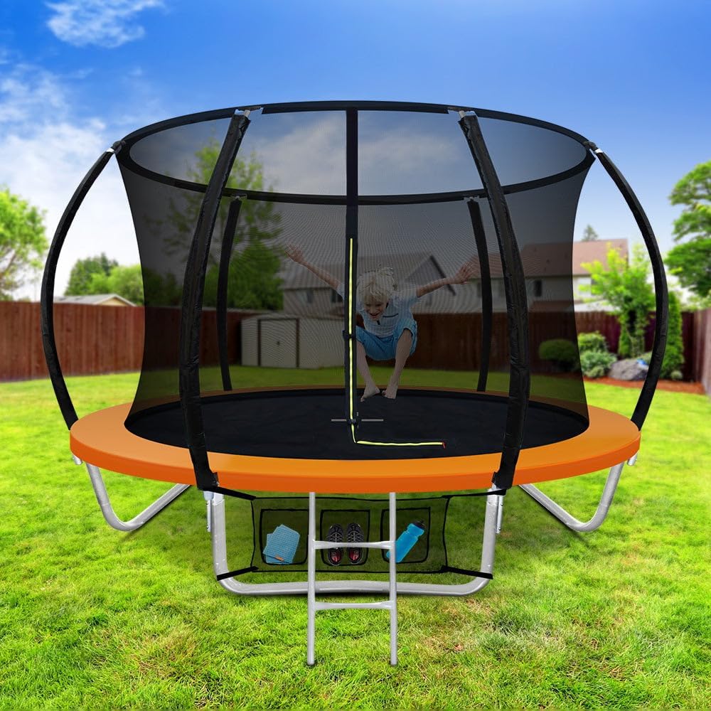 Everfit Trampoline for Kids 8ft 10ft 12ft , Outdoor Bouncing Children Gift, Step Ladder Enclosure Safety Net Cover,Orange