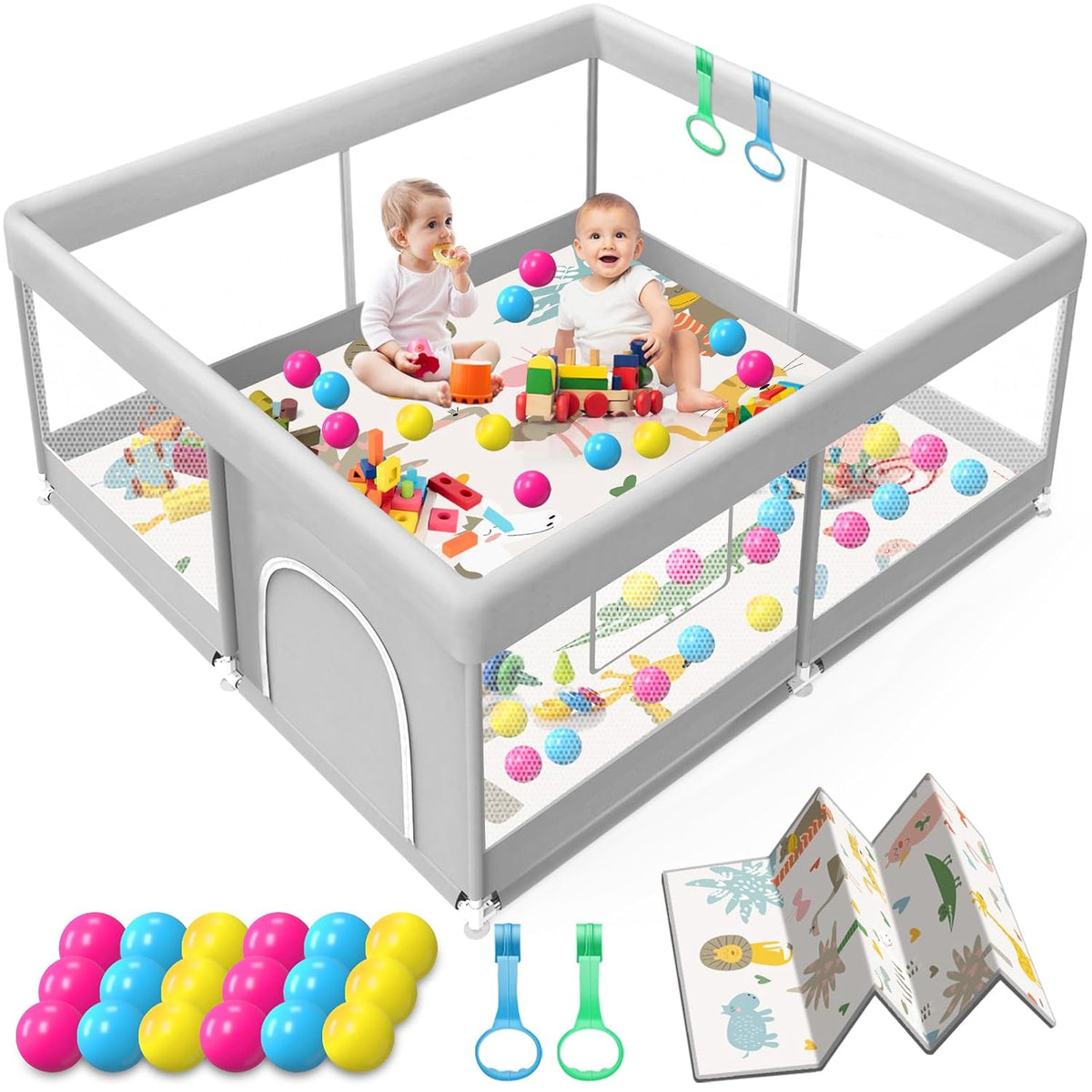 Baby Playpen with Mat, 120*120cm Playpen with Mat Waterproof for Babies and Toddlers,Grey