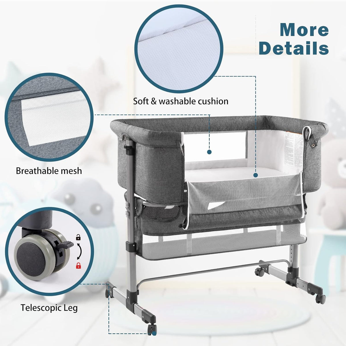 Bedside Baby Bassinet with Mosquito Net, Storage Basket & Travel Bag – 6 Adjustable Heights, Lightweight Aluminum Portable Sleeper for Newborns 0-5 Months
