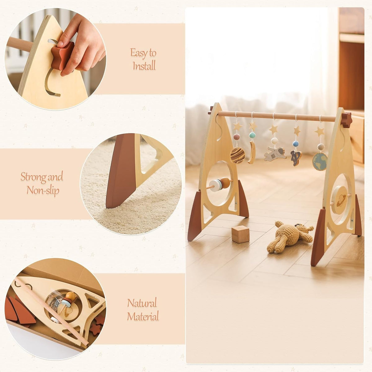 Promise Babe Wooden Rocket Baby Gym Infant Activity Gym with 5 Detachable Toys, (Rocket)