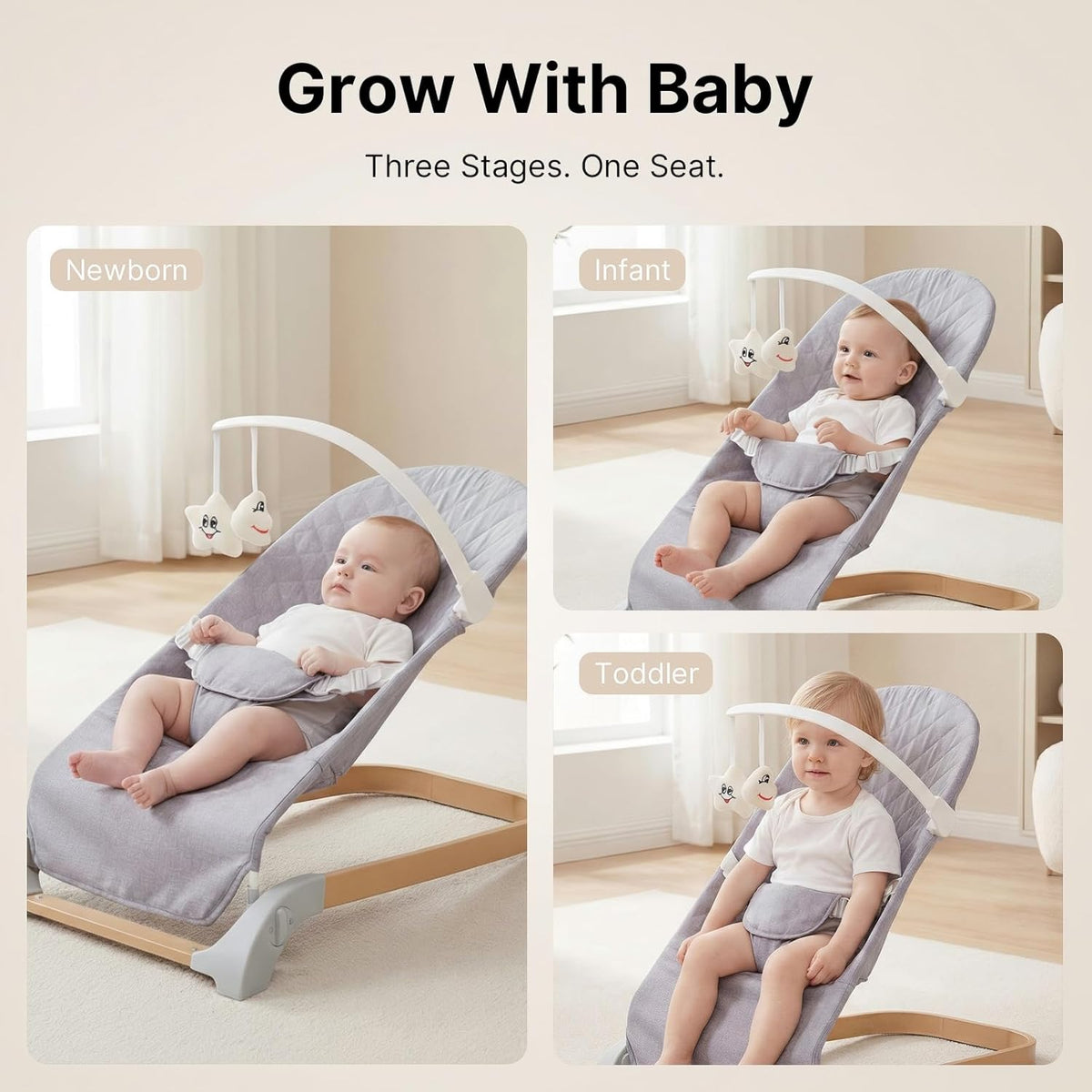 Portable Baby Bouncer Seat, Newborn to Toddler(0-12 Months), 3 Modes of Use with Rocker and Stationary, Convenient Babies Bouncer Seat and Portable Baby Chair Includes Toys Bar & Hanging Toys