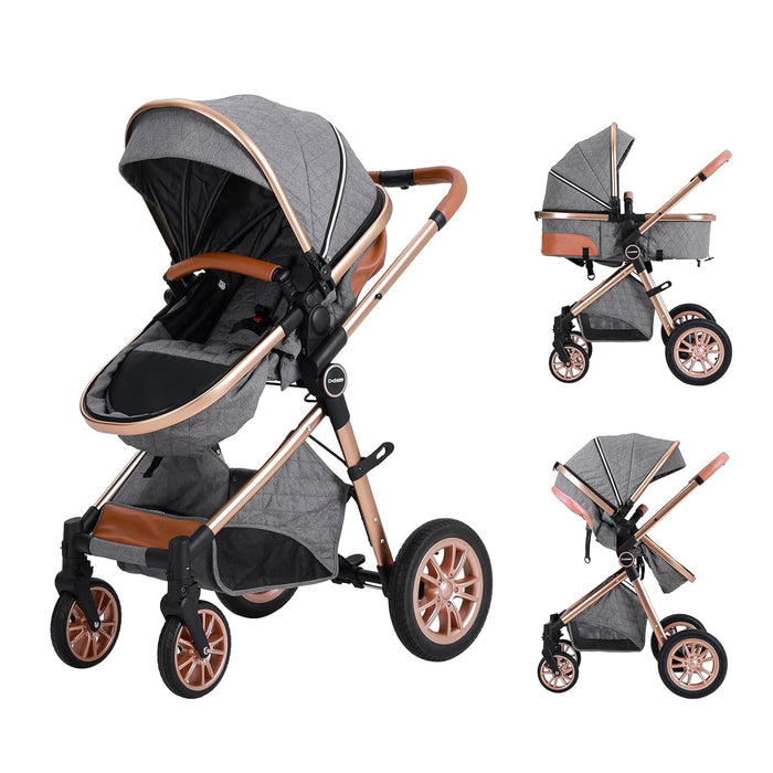 Luxury 2-in-1 Baby Stroller, Foldable Travel Stroller for Newborn to Toddler, Convertible Stroller with All-Terrain Wheels and UPF 50+ Canopy, Baby Glide Gray Stroller