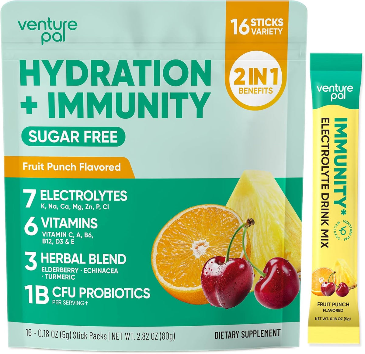Venture Pal 2-in-1 Hydration + Immune Electrolytes Powder Packets with 7 Electrolytes & 6 Vitamins,16 Sticks