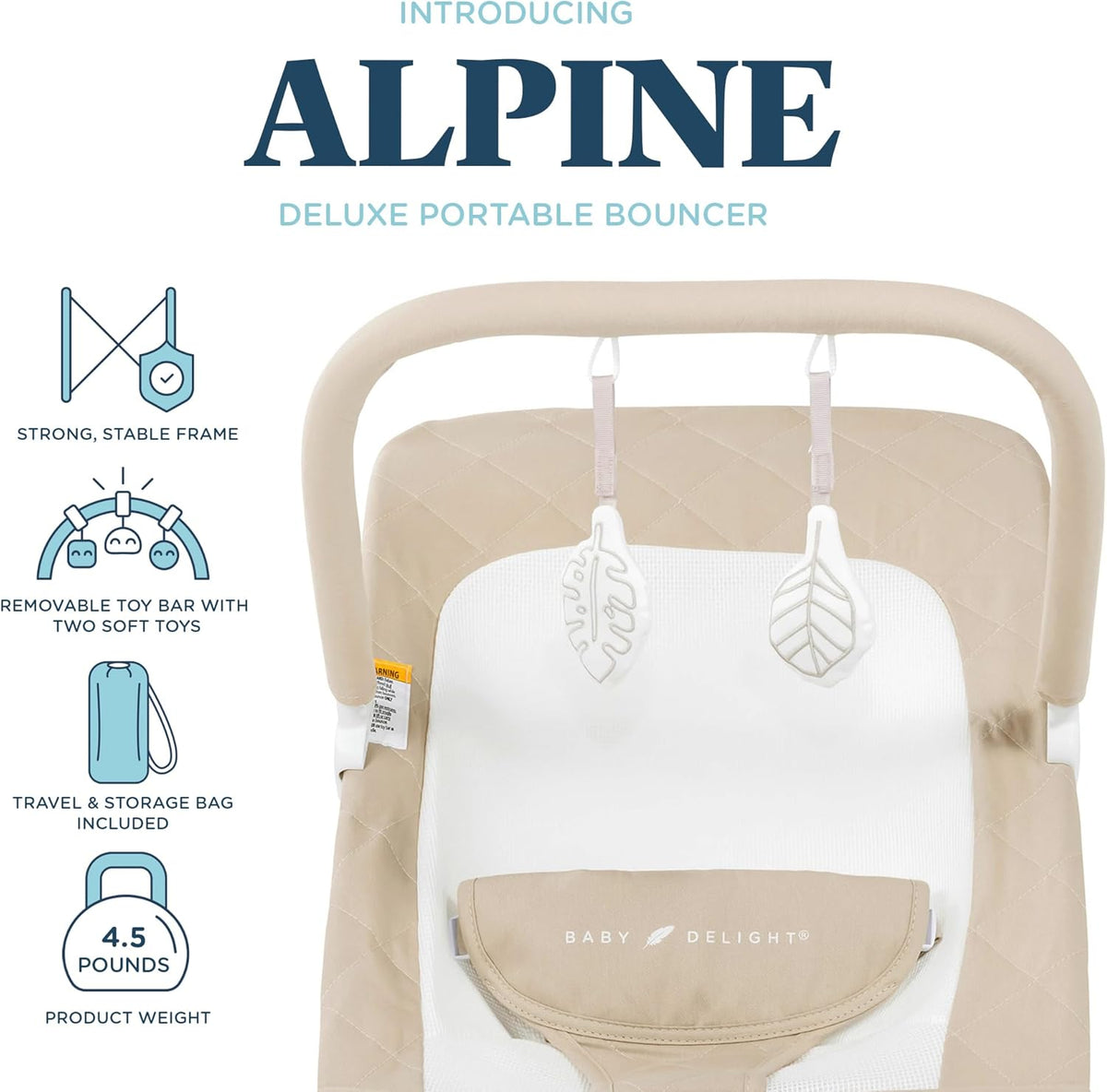 Baby Delight Alpine Deluxe Portable Bouncer, Infant, 0-6 Months, 100% GOTS Certified Cotton Fabric