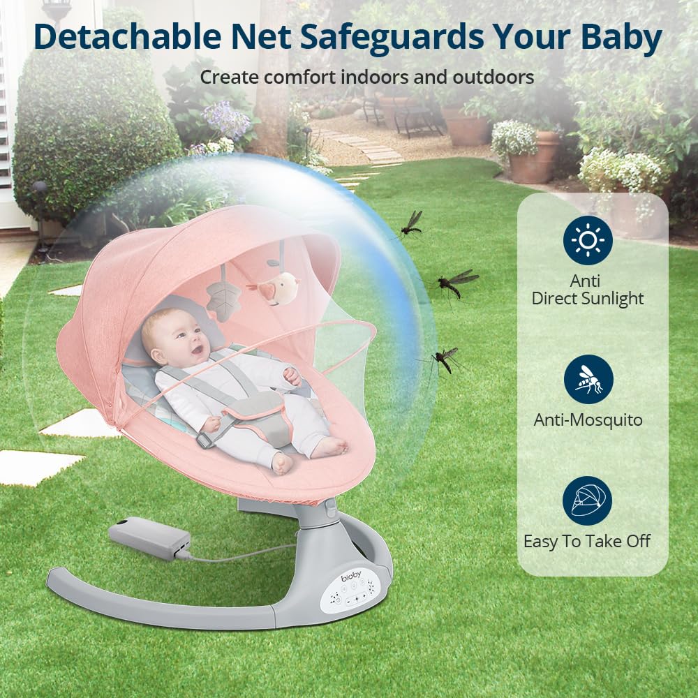Bioby Baby Swing for Infants with 5 Natural Sway Speeds, Portable Music for 5-20 Lb,0-12 Months Pink