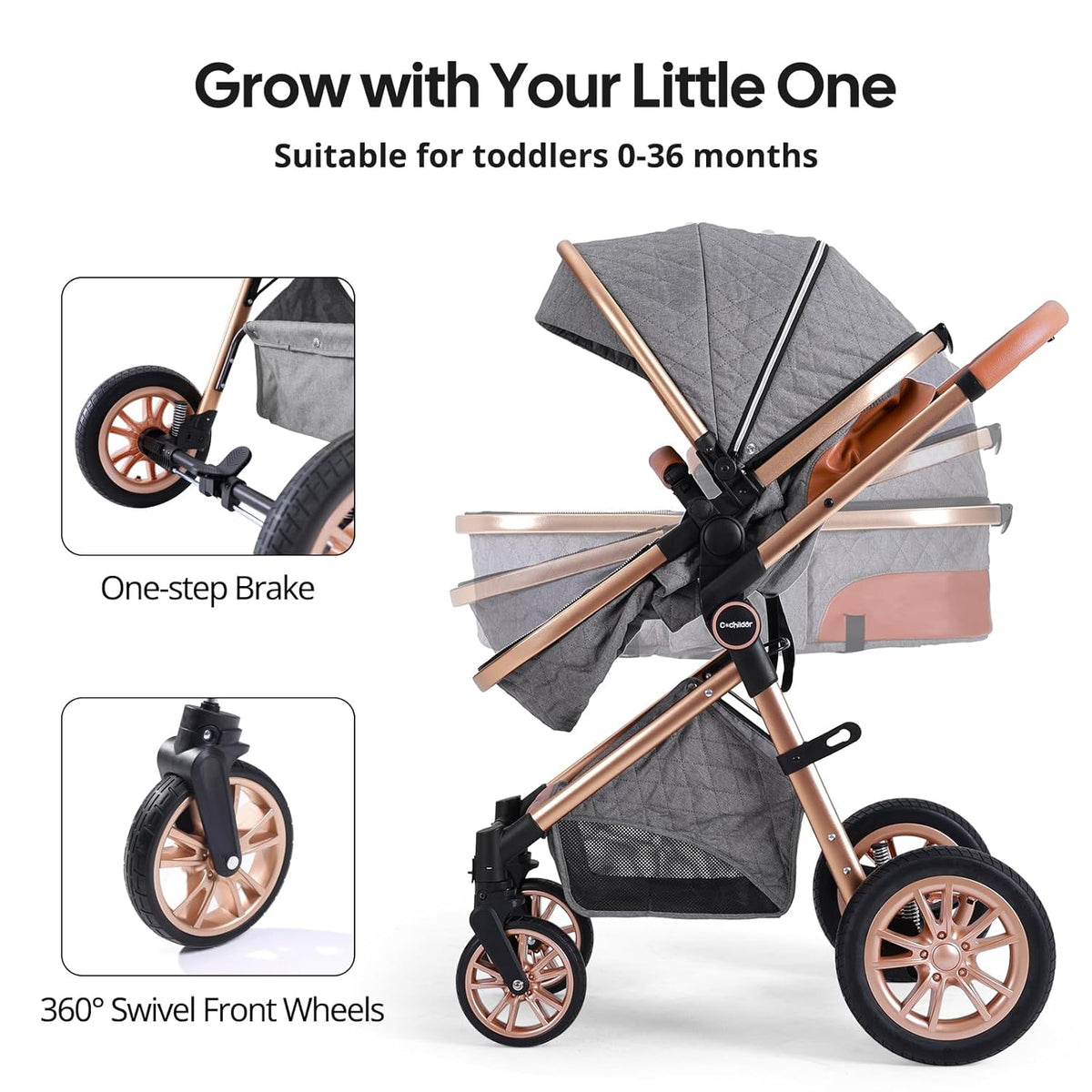 Luxury 2-in-1 Baby Stroller, Foldable Travel Stroller for Newborn to Toddler, Convertible Stroller with All-Terrain Wheels and UPF 50+ Canopy, Baby Glide Gray Stroller