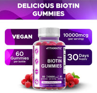 Vitamatic Biotin Gummies 10,000 mcg for Stronger Hair, Skin & Nails - 60 Vegan Gummies - Also Called Vitamin B7 (3 Bottles)