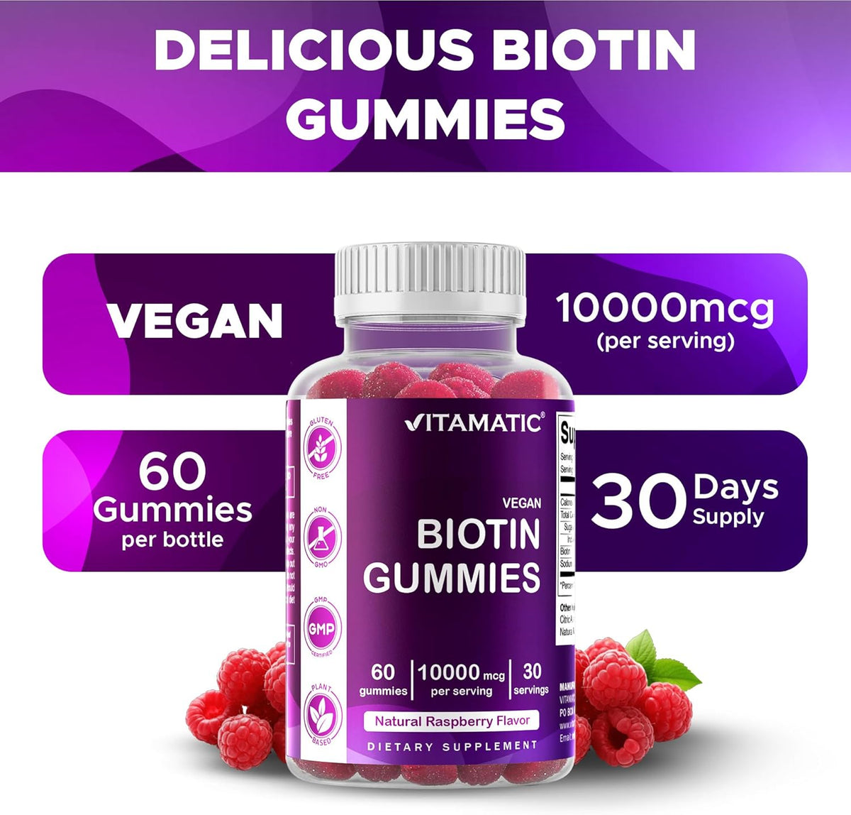Vitamatic Biotin Gummies 10,000 mcg for Stronger Hair, Skin & Nails - 60 Vegan Gummies - Also Called Vitamin B7 (6 Bottles)