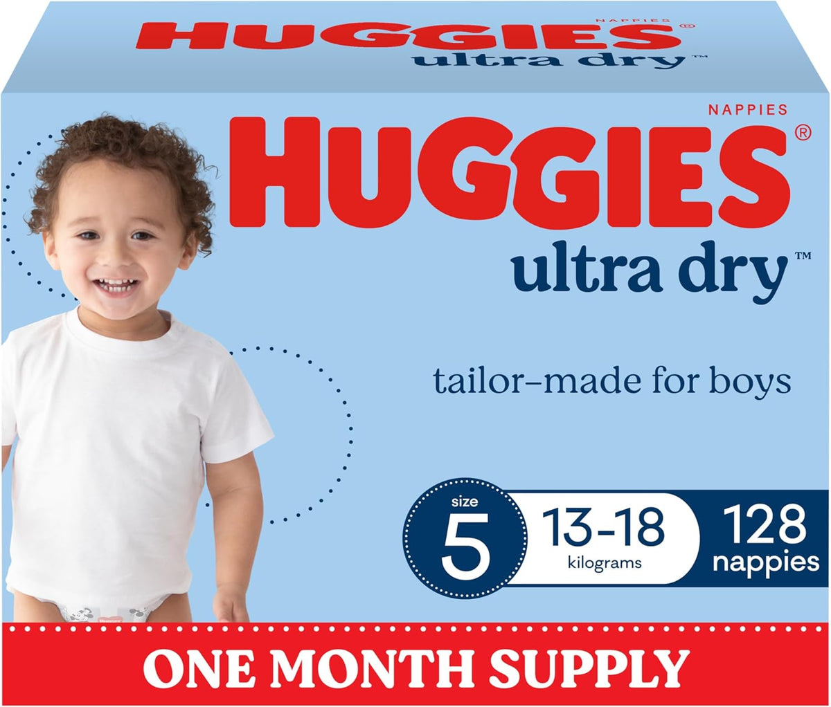 Huggies Ultra Dry Nappies Boys Size 5 (13-18kg) 128 Count - One Month Supply