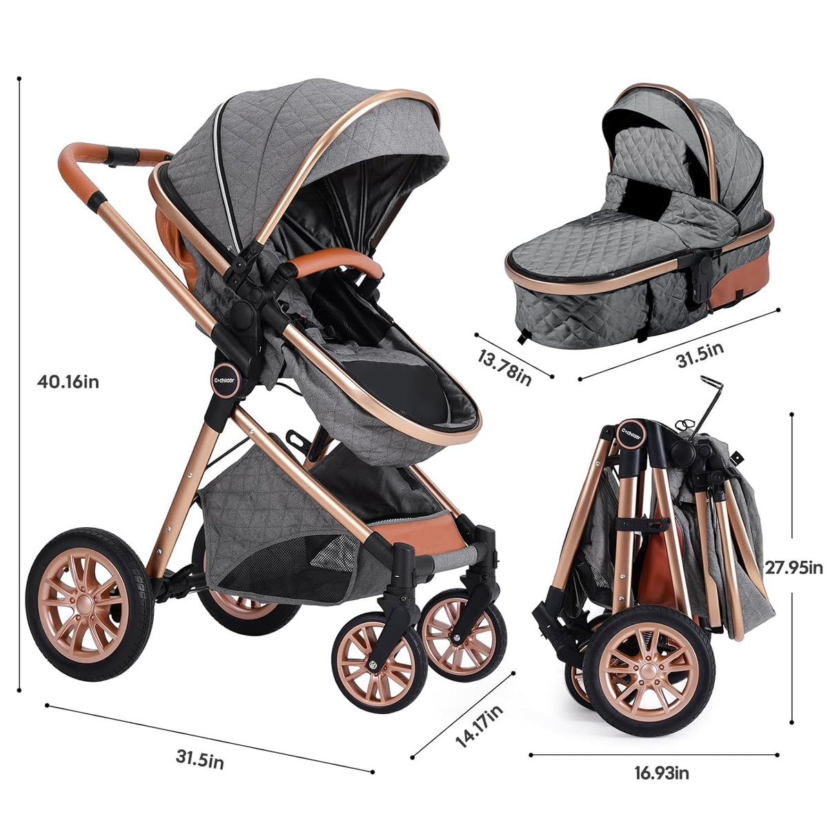 Luxury 2-in-1 Baby Stroller, Foldable Travel Stroller for Newborn to Toddler, Convertible Stroller with All-Terrain Wheels and UPF 50+ Canopy, Baby Glide Gray Stroller
