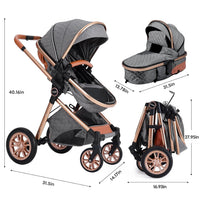 Luxury 2-in-1 Baby Stroller, Foldable Travel Stroller for Newborn to Toddler, Convertible Stroller with All-Terrain Wheels and UPF 50+ Canopy, Baby Glide Gray Stroller