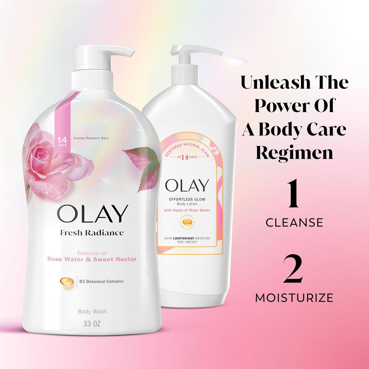 Olay Body Wash for Women, Fresh Radiance, Refreshing & Renewing, Made with Plant Based Cleansers, B3 Botanical Complex, For All Skin Types, Rose Water & Sweet Nectar Scent, 33 fl oz (Pack of 4)