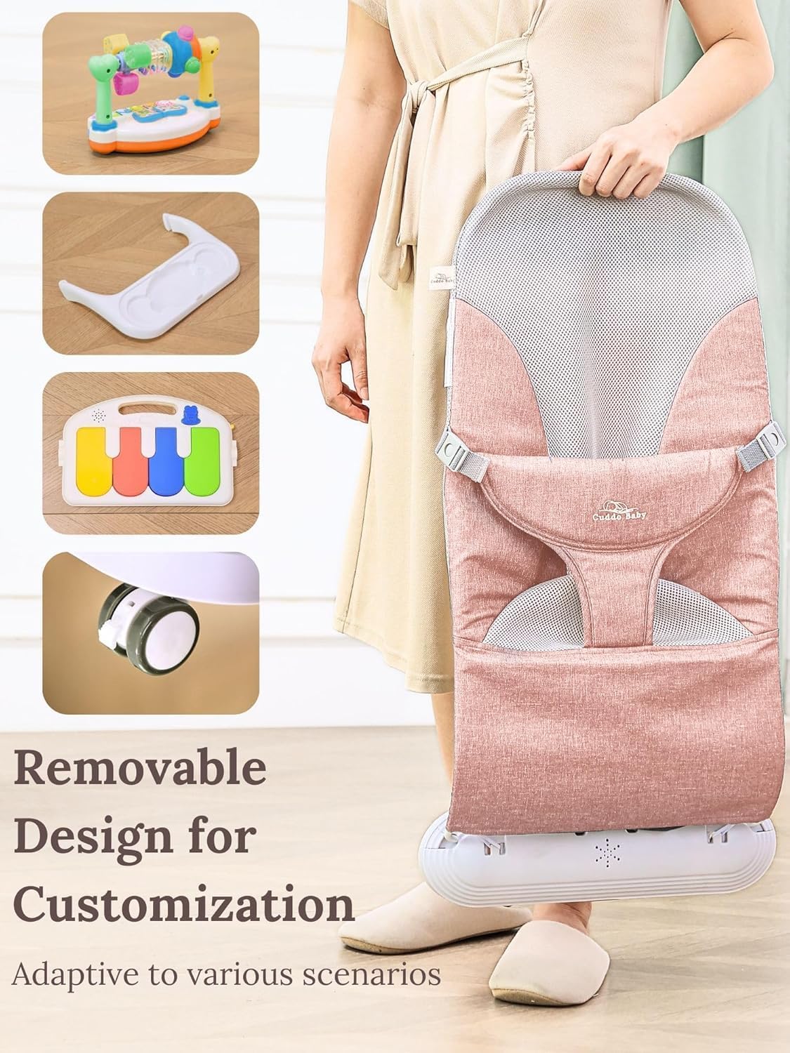 Baby Bouncer 4-in-1 with Wheels, Detachable Piano, Feeding Tray, Play Bar, Pink