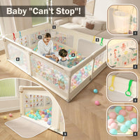 Baby Play Pen for Toddlers with Pattern Anti-Slip Sturdy Play Yards Fence with 50 Balls, 4 Pull Rings, Ball Storage & Zipper Door (Beige)