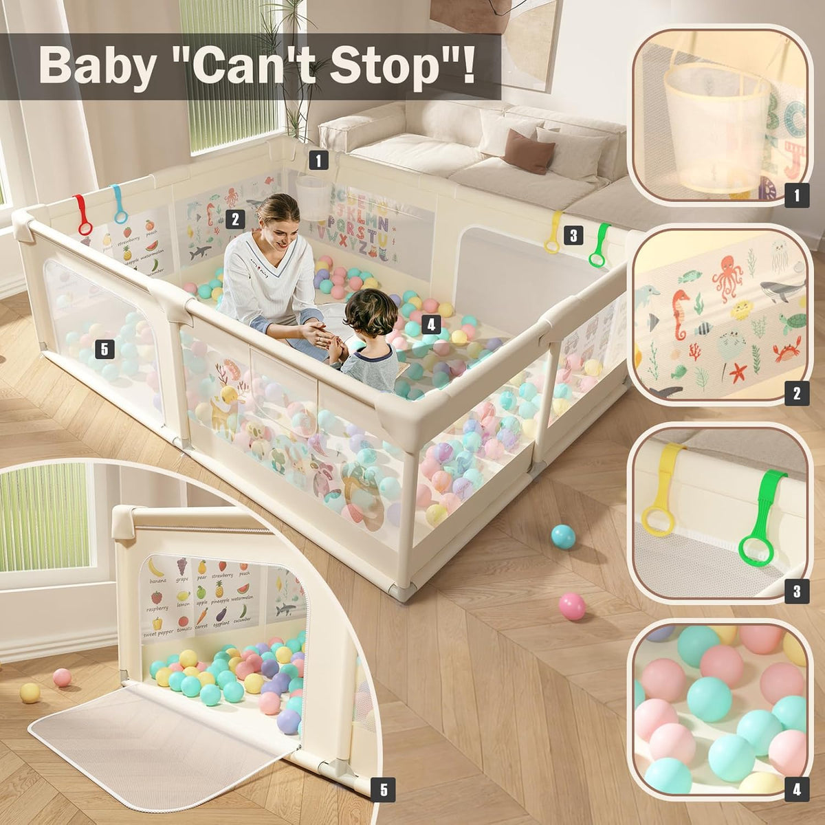 Baby Play Pen for Toddlers 150*180cm with Pattern Anti-Slip Sturdy Play Yards Fence with 50 Balls, 4 Pull Rings, Ball Storage & Zipper Door (Beige)