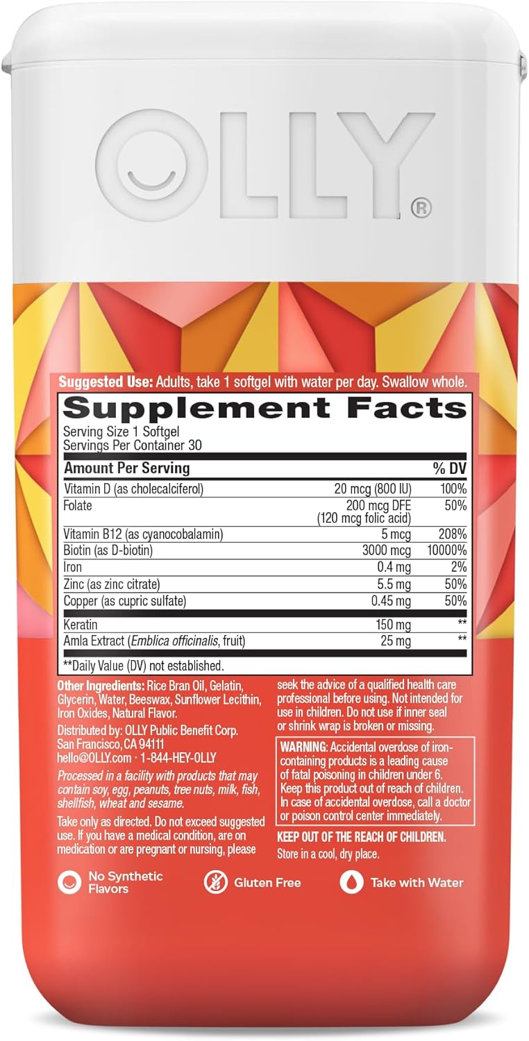 OLLY Ultra Strength Hair Softgels, Supports Hair Health, Biotin, Keratin, Vitamin D, B12, Hair Supplement, 30 Day Supply - 30 Count