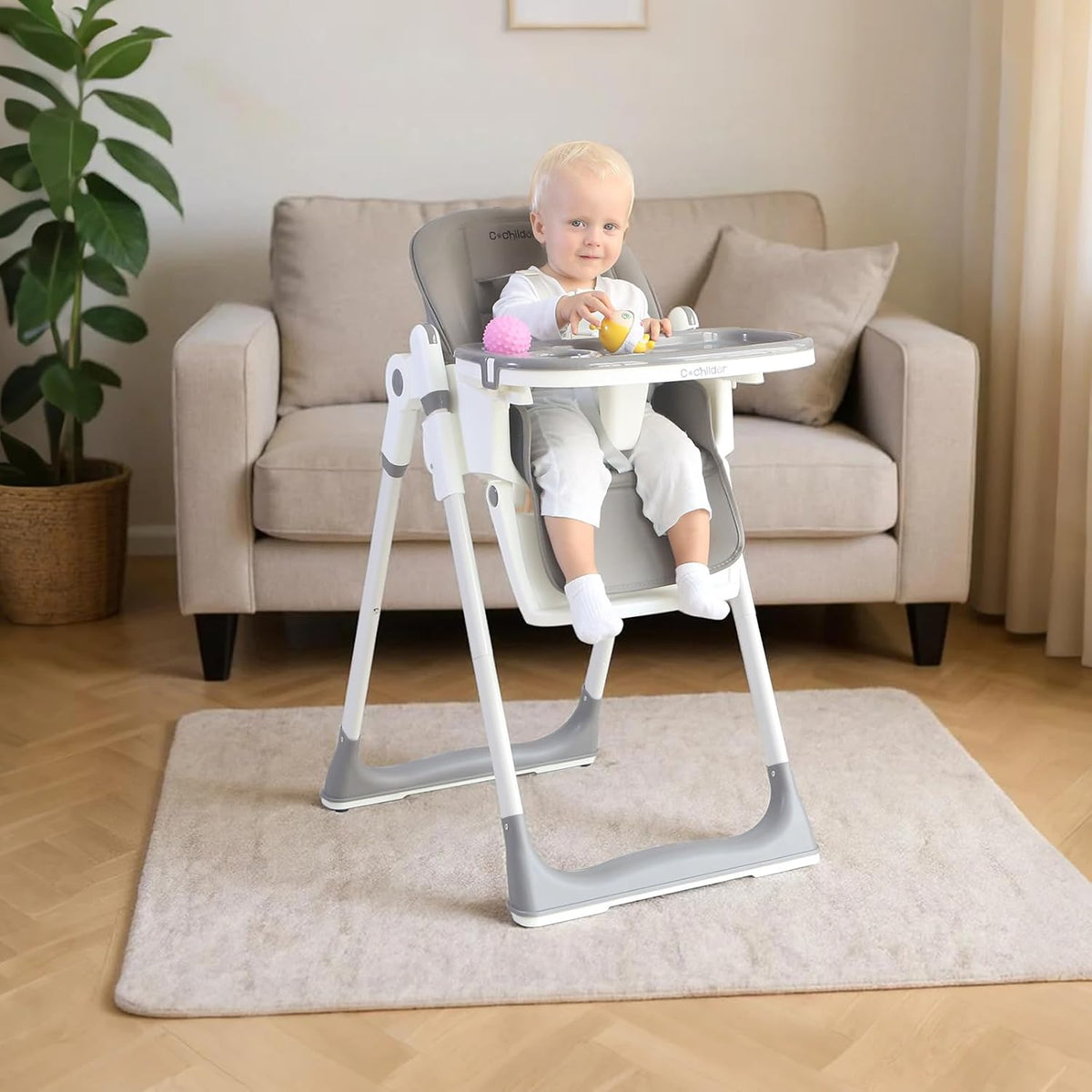 3 in1 High Chair, Easy Clean Foldable Highchair with Adjustable Height, Reclining Mode, 5-Point Safety, Removable Tray, Lockable Wheels, Washable Cushion, Idealfor Babies & Toddlers, Grey