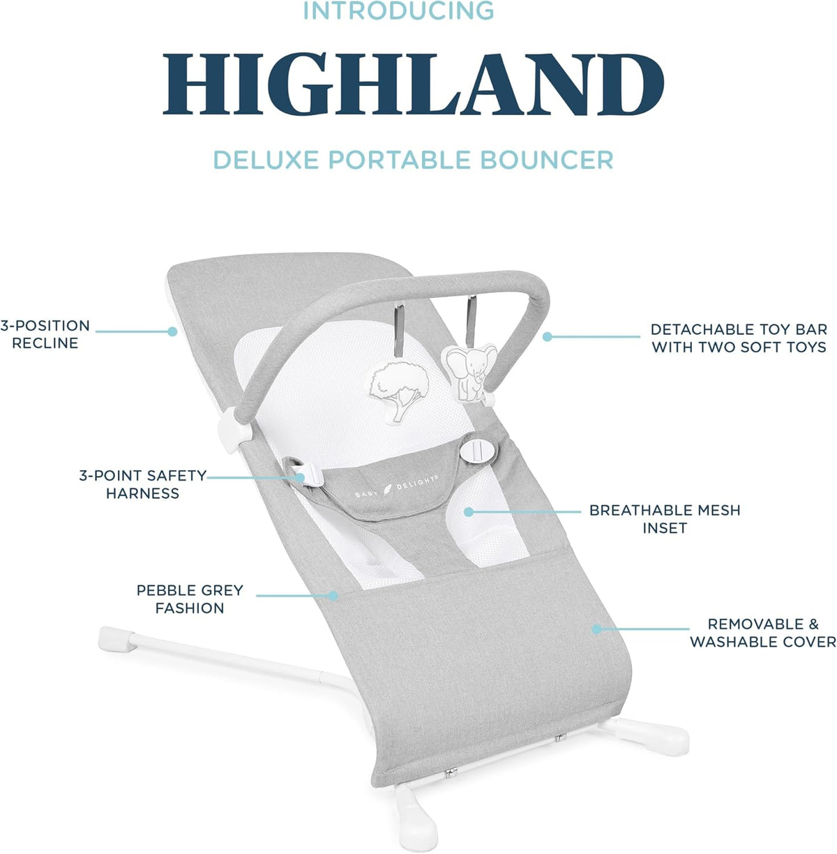 Baby Delight Highland Baby Bouncer | Infant | 0 – 6 Months | 3-Position Recline | Pebble Grey