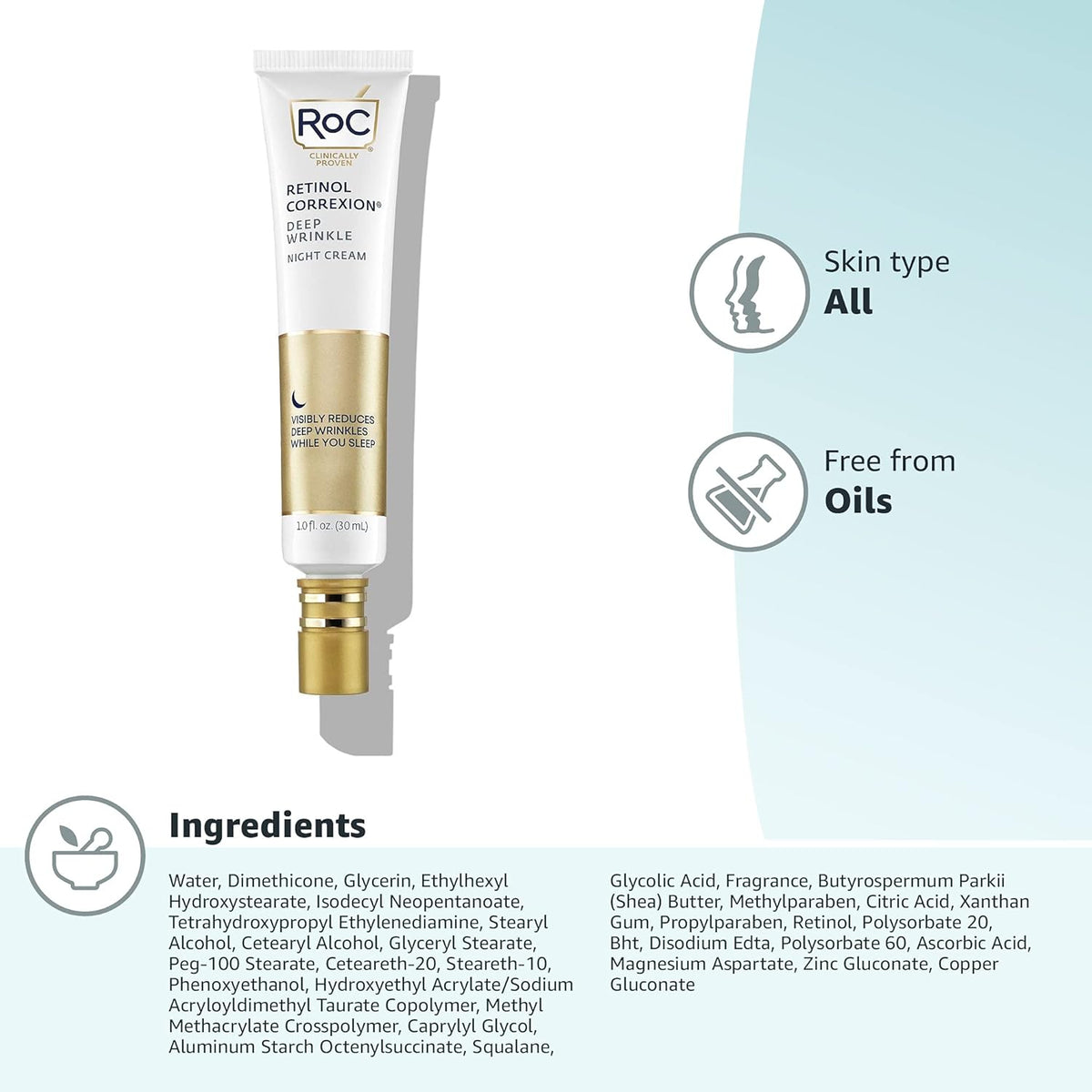 RoC Retinol Correxion Night Cream for Deep Wrinkles, Anti Aging Skincare Treatment Women and Men, 1.0 oz (Packaging May Vary)