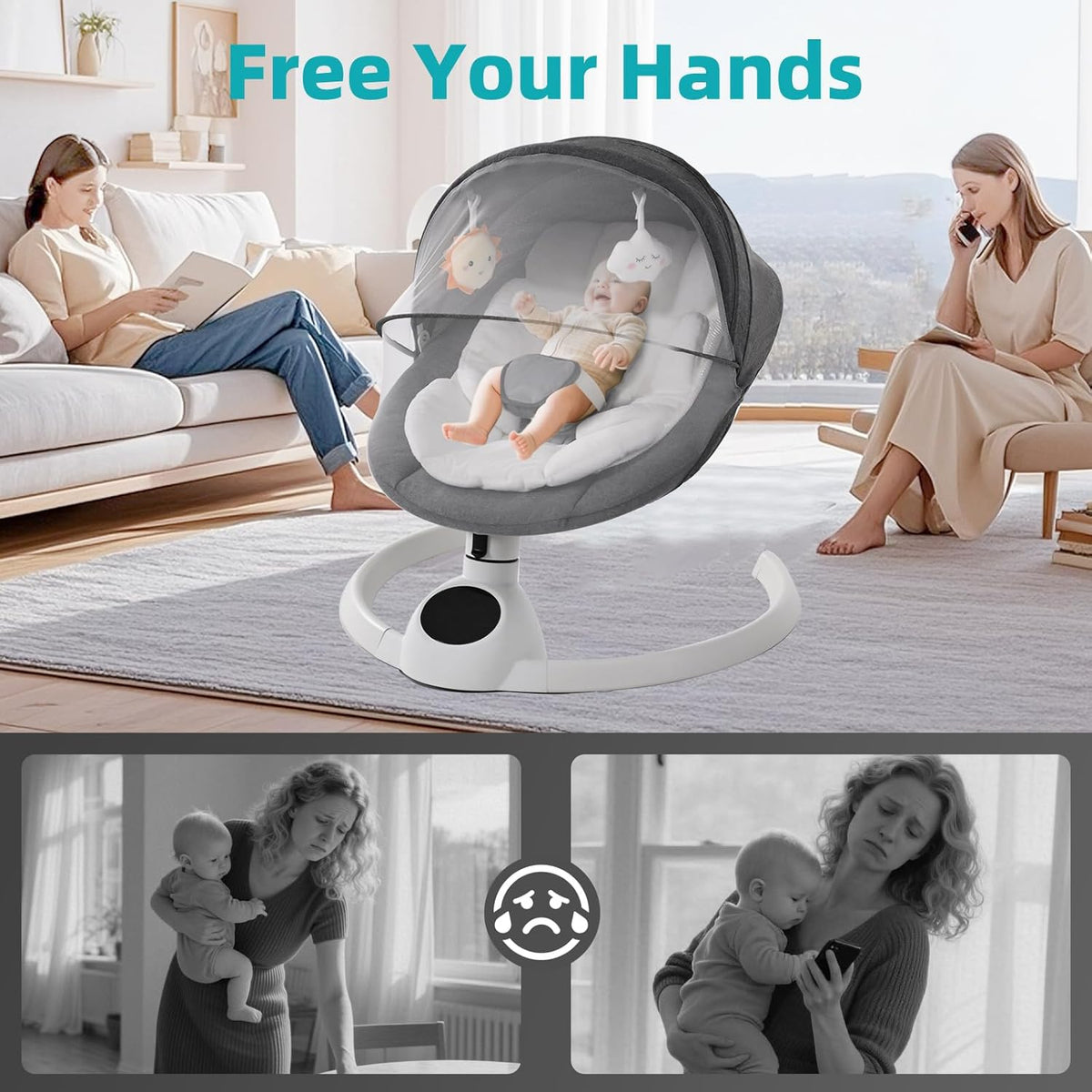 Electric Baby Swing Chair from Birth, Bluetooth Bouncer with 5 Swing Speed, 3-Stage Timer