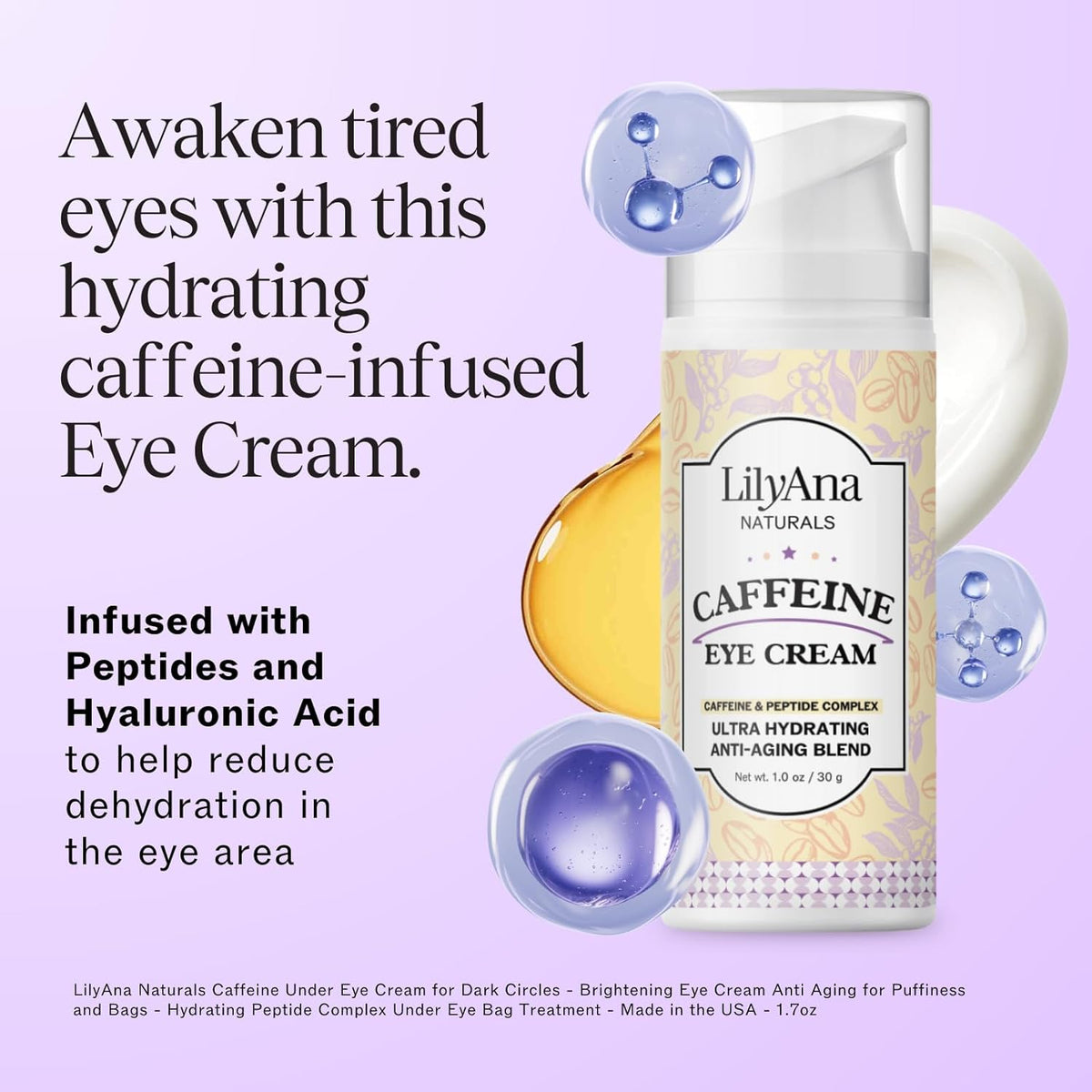 LilyAna Naturals Caffeine Eye Cream with Peptides for Dark Circles, Puffiness, Fine Lines and Wrinkles 1.0 oz